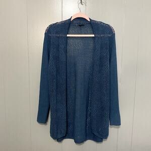 Eileen Fisher Teal Blue 100% Wool Crochet Back Open Front Long Cardigan M